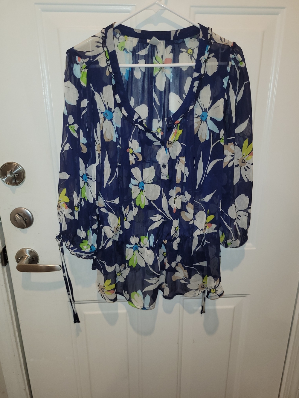 Navy Floral Sheer Peasant Blouse.